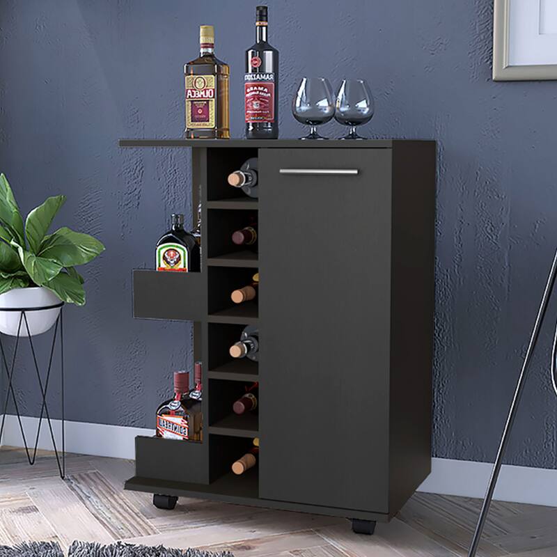 Black 32" H Bar-Coffee Cart with 6 Bottle Cubbies, 2 Open Shelves, and Locking Casters for Kitchen & Bar - Black