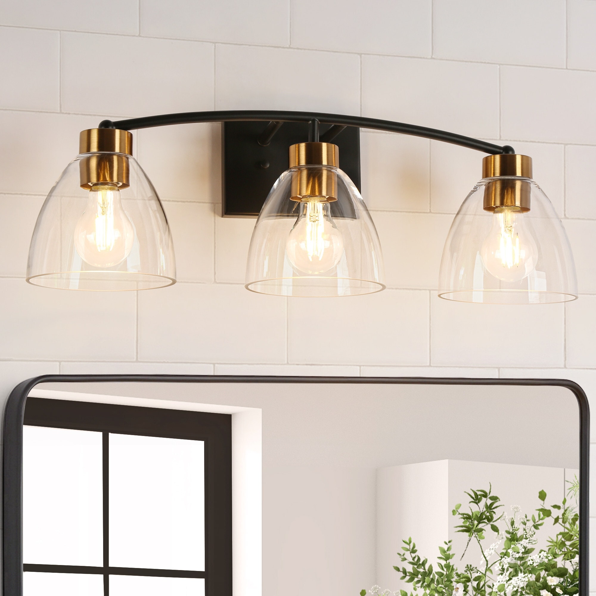 LALUZ Modern 3-Light Black Gold Bathroom Vanity Light Glass Wall Sconce - D 22.8" x H 8.6"