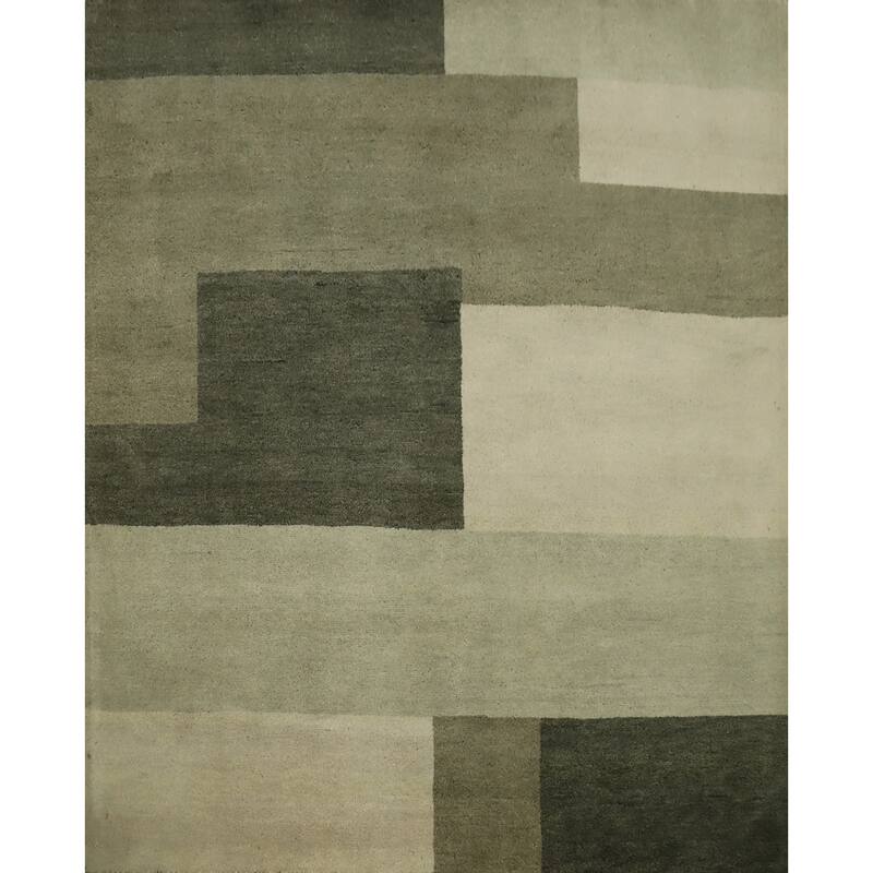 Hand Knotted Oriental 100% Wool Carpet Modern Geometric Green Gabbeh Area Rug - 6' 8'' X 6' 5''