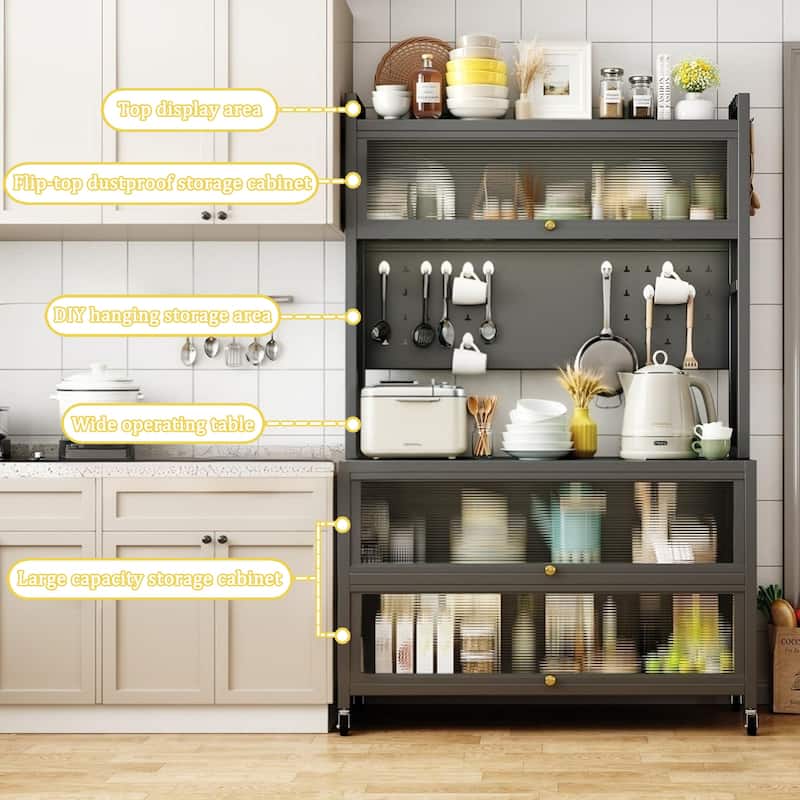 64" H Kitchen Pantry Cart with Storage Cabinet and Bakers Rack for Kitchen