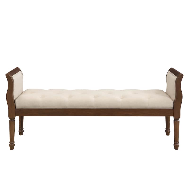 Christopher Knight Home - Valen Classic Tufted Upholstered Bench with Curved Arms and Solid Wood Frame - Beige + Walnut