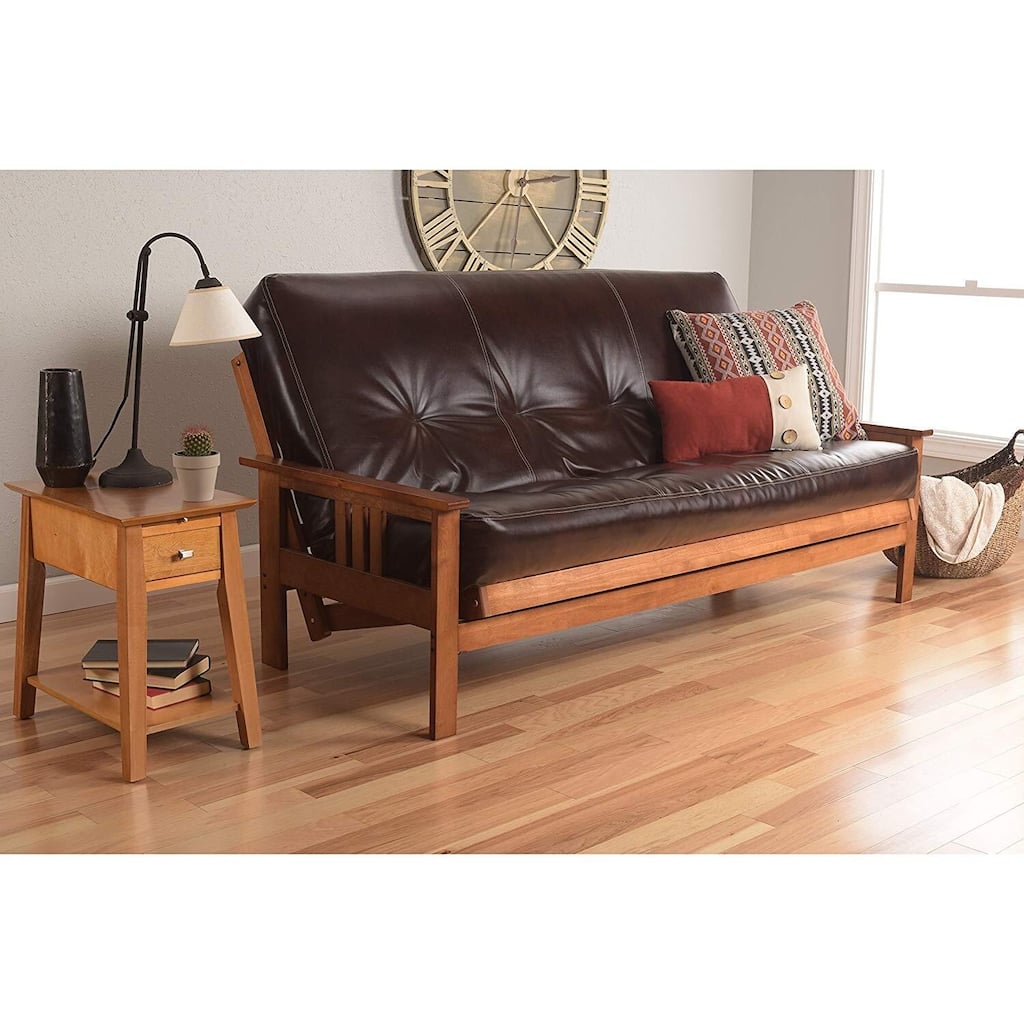 79 in. Barbados/Oregon Trail Java Leather Upholstered Full Size Futon Set with Mattress and Storage Drawers