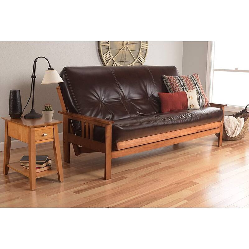 79 in. Barbados/Oregon Trail Java Leather Upholstered Full Size Futon Set with Mattress and Storage Drawers