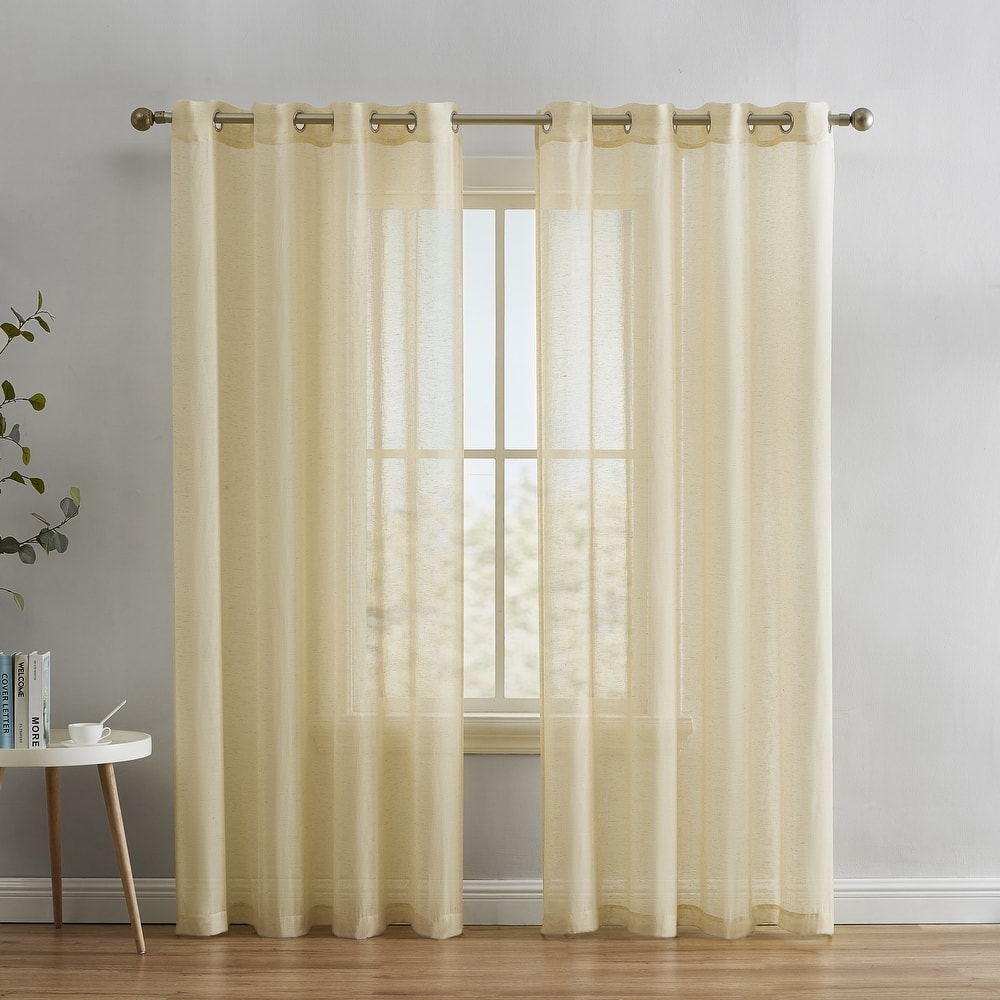 HLC.me Sierra Burlap Flax Linen Semi Sheer Light Filtering Transparent Window Grommet Thick Curtains Panels - Set of 2
