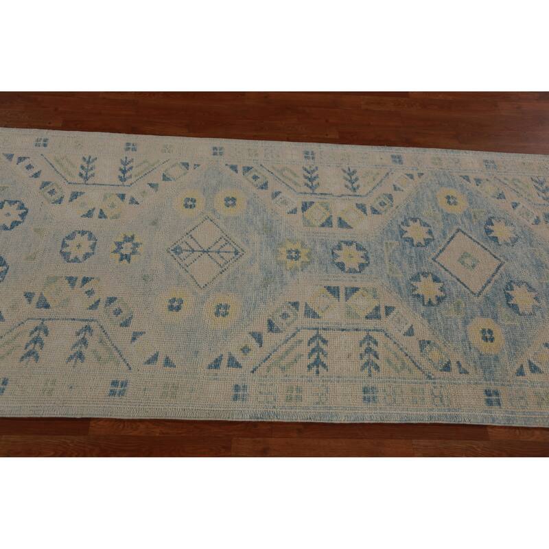 Hand Knotted Oriental 100% Wool Carpet Transitional Geometric Navy Blue & Blues Oushak Runner Rug - 16' 0'' X 3' 4''