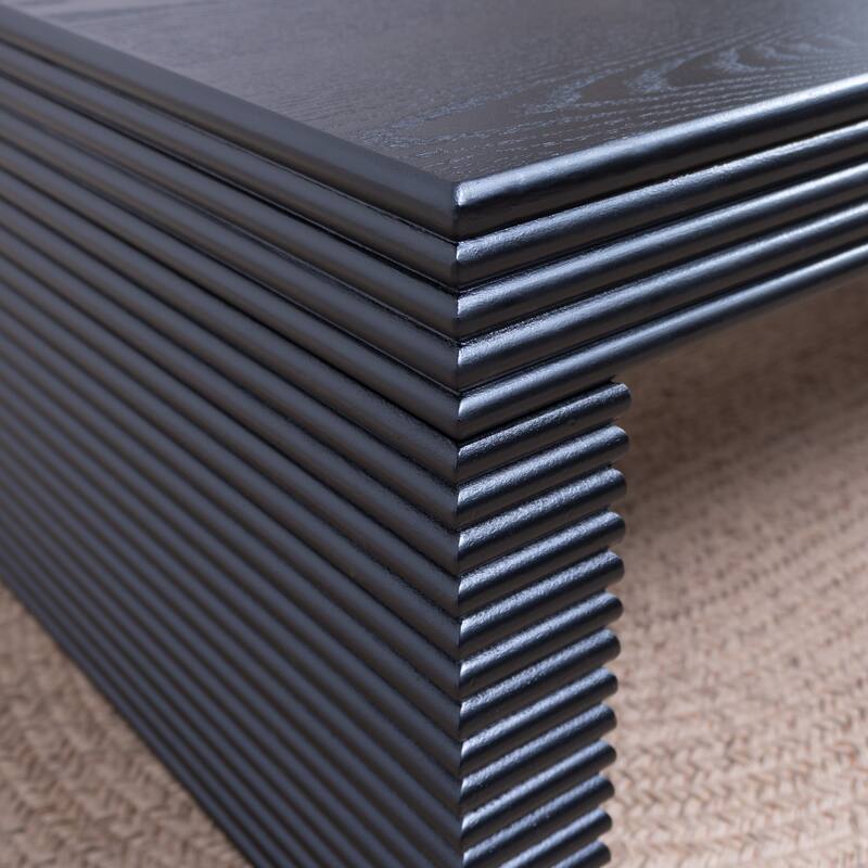 Modern Matte Black Ribbed Coffee Table Low Profile Center Table
