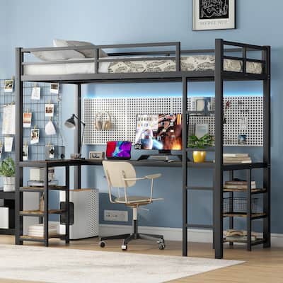 Black Twin XL Size Metal Loft Bed with Desk, Shelves, Ladder, and Guardrails