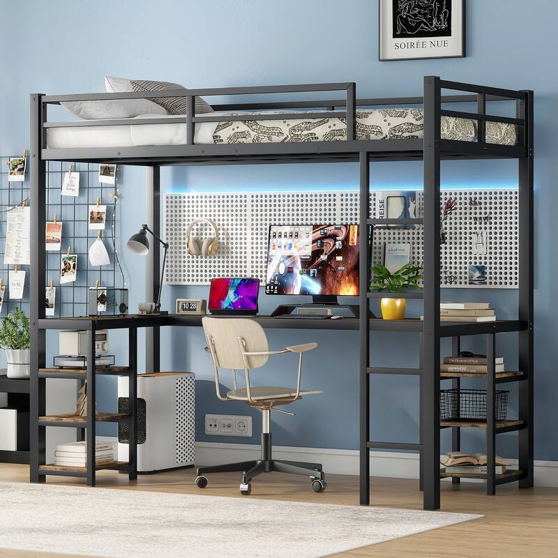 Roomfitters Metal Twin/Full Loft Bed with Desk & Shelves, Space-Saving Study Bed Frame with Ladder & Guardrails, Black - Black - Twin