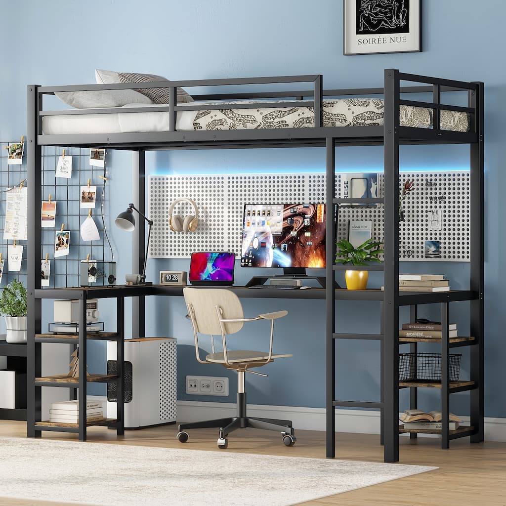 Twin XL Size Metal Size Loft Bed with Desk and Shelves, Loft Bed with Ladder and Guardrails, Loft Bed Frame for Bedroom