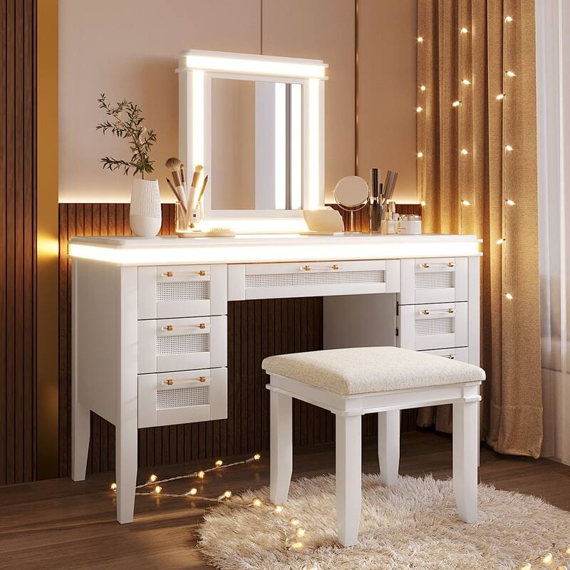 48" Dresser with Mirror, LED Light Strips, 7 Drawers and Stool