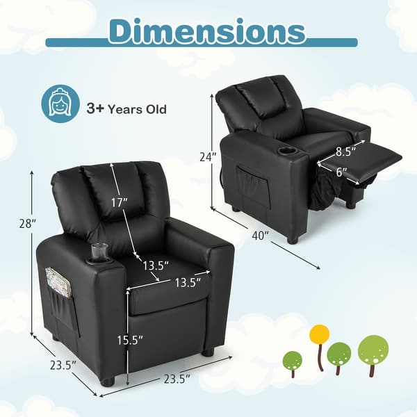 dimension image slide 1 of 7, PU Leather Kids Recliner Chair with Cup Holder and Pocket - 23.5" x 23.5" x 28"