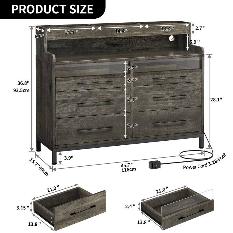 Moasis 6 Drawer Dressers & Chests of Drawers with LED Light Open Shelf Storage