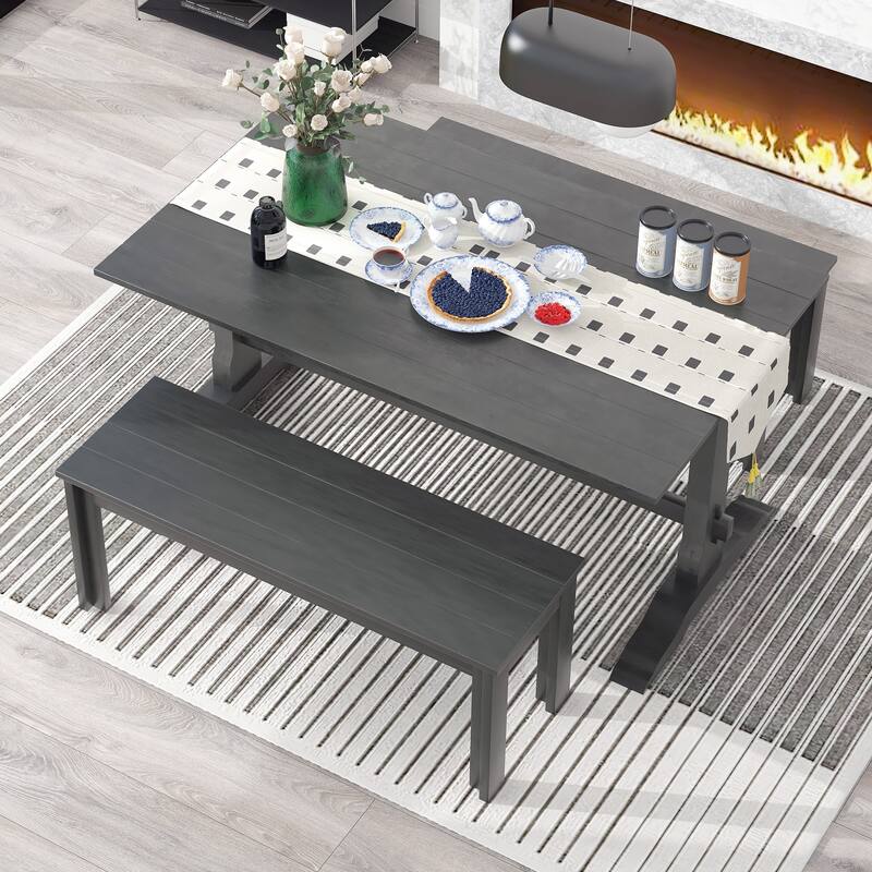 3-Piece Transitional Dining Set with Rectangular Trestle Table & 2 Benches