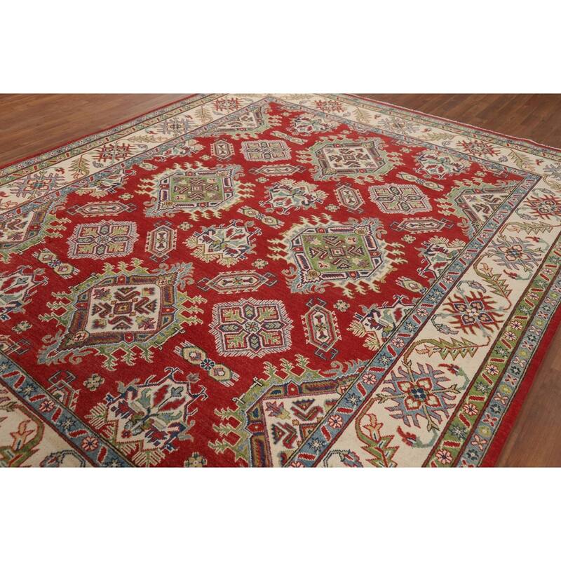 Hand Knotted Oriental 100% Wool Carpet Traditional Geometric Red Kazak Area Rug - 10' 0'' X 7' 11''