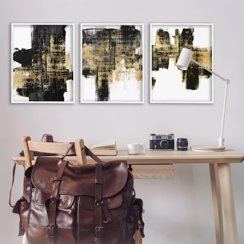 Stupell Bold Black Brushstrokes Golden Distressed Accent, 3pc Multi Piece Framed Wall Art Set