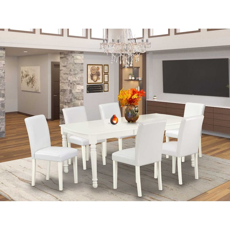 Rectangle Dining Table Set 7Pc - 60x78 Inch Table w/ Leaf & 6 Parsons Chairs - White PU Leather