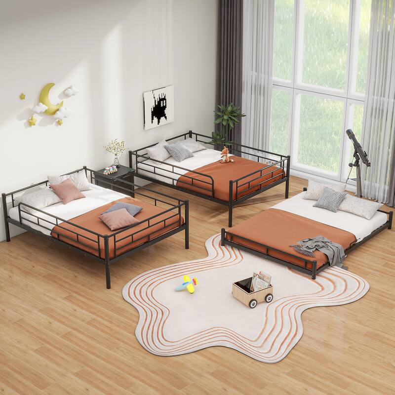 Metal Triple Bunk Bed Frame Sturdy Steel Slat Support