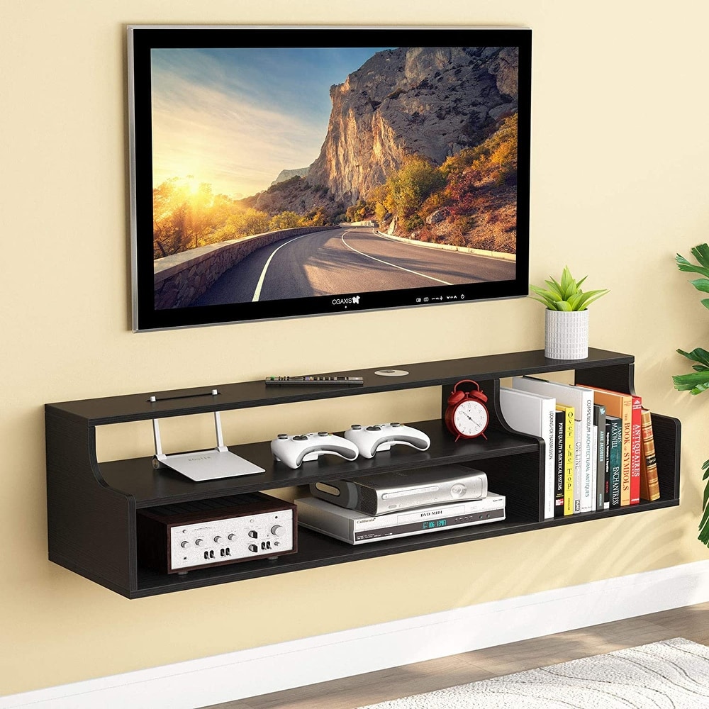 Wall-mounted floating TV stand with open shelving 