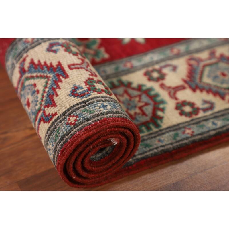 Geometric Red Kazak Accent Rug Hand-Knotted Bedroom Wool Carpet - 2'9" x 3'10"