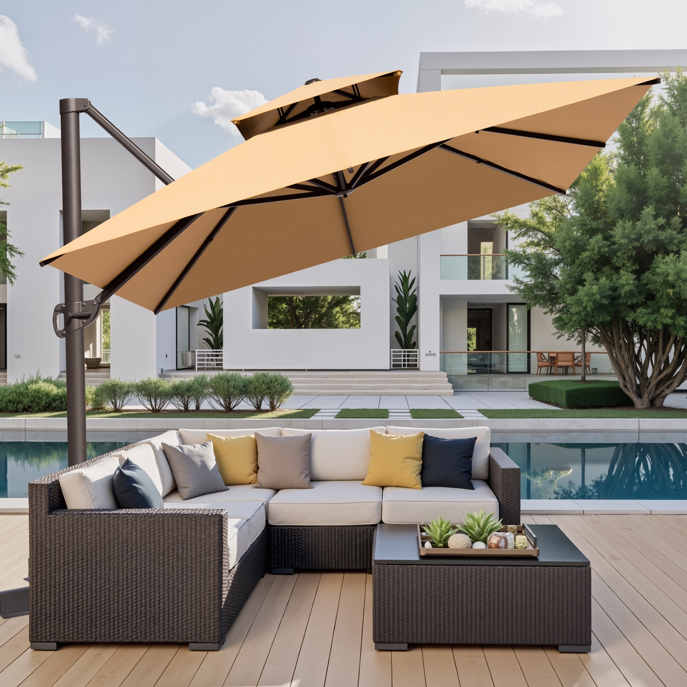 13 foot waterproof patio umbrella PURPLE LEAF Cantilever FT Extra Large Double Top, Black Weather Protection Deconk 10' X 13 'Patio