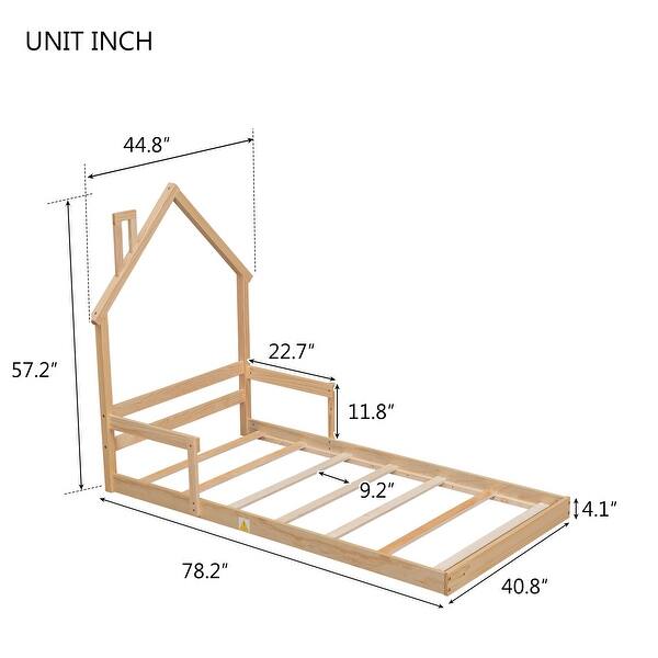 dimension image slide 3 of 6, Pine Wood House-Shaped Headboard Floor Bed with Handrails and slats for Bedroom