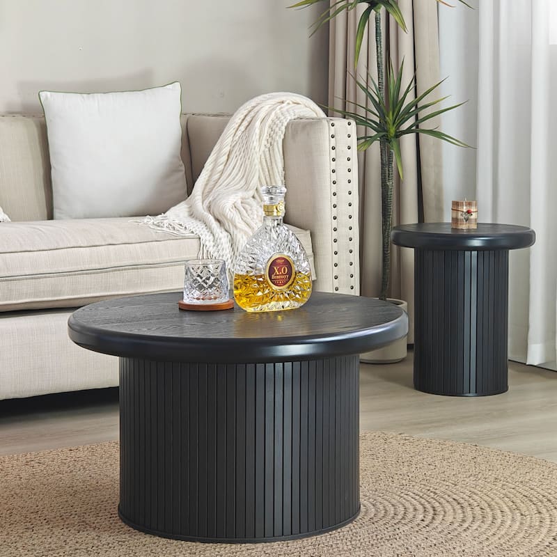 Modern Round Coffee Table Set - Dual Table Combination with Unique Fluted Table Leg Design, Stylish Living Room Furniture