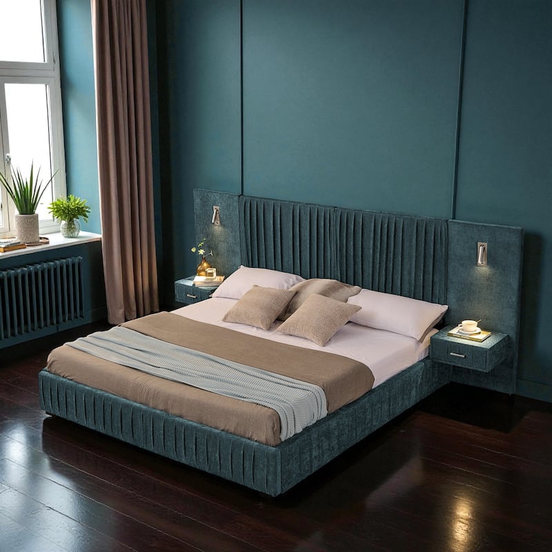 King Upholstered Platform Bed with Pleated Chenille Headboard, Built-in Bedside Table & Adjustable Lamps, No Box Spring