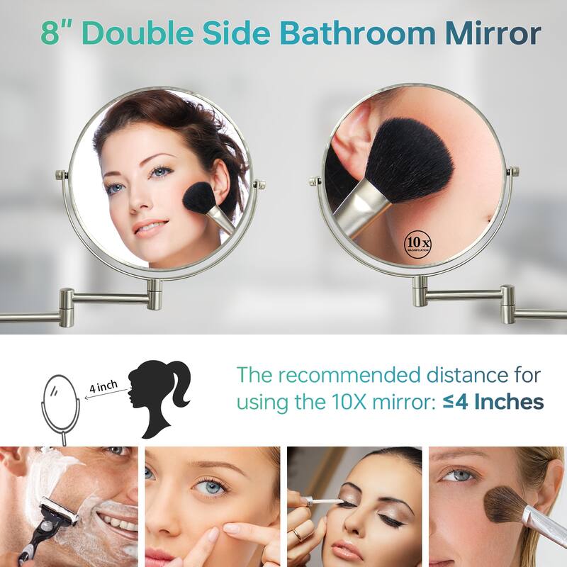 8 inch Wall Mounted Round Frame Makeup Mirror, 1X/10X Magnifying, Height Adjustable