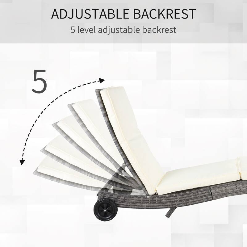 Outdoor Rattan Chaise Lounge Chair Patio Sun Lounger with Wheels, Adjustable Backrest and Cushions