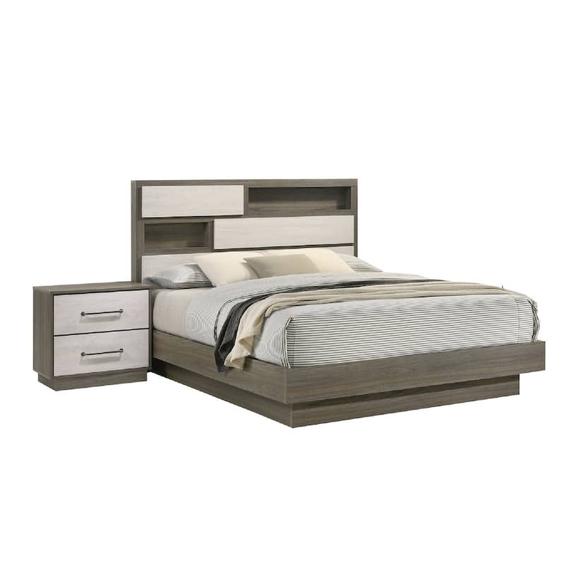 Fene 4pc Queen Bedroom Set, Gray, Brown, Built In Headboard Bookcase