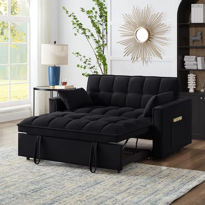 Black Modern 52.5" Velvet 4 in1 Loveseat Multi-Function Tufted Pull-Out Sofa Bed with Adjustable Backrest and Pillows