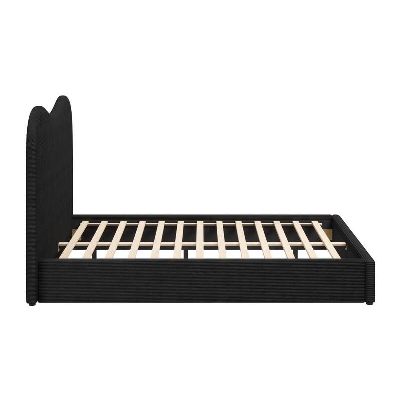 HomeRoots Black Ribbed Texture Velvet Upholstered Queen Bed Frame