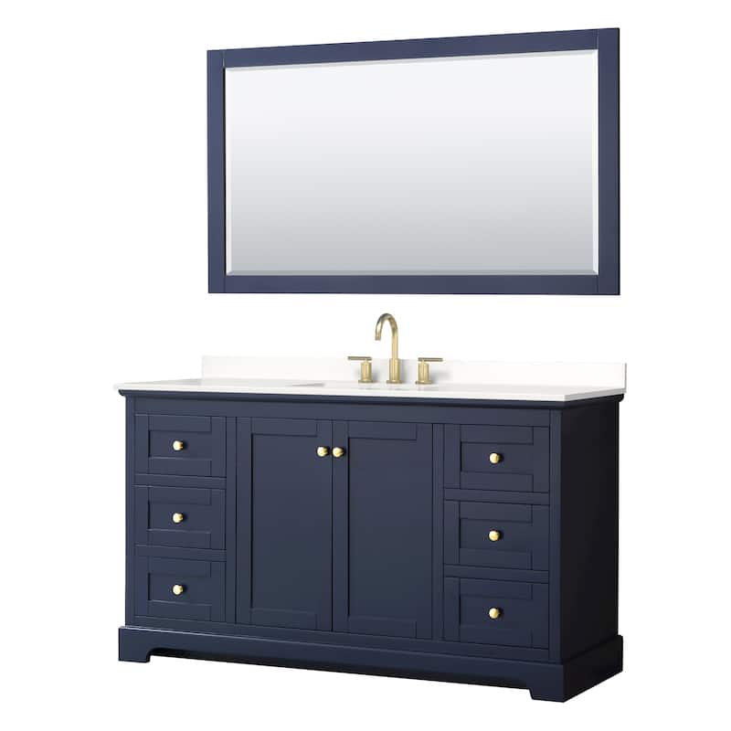 Wyndham Collection WCV232360S-QTZ-US3M58 Avery 60" Free Standing - Dark Blue / White Quartz Top / Brushed Gold