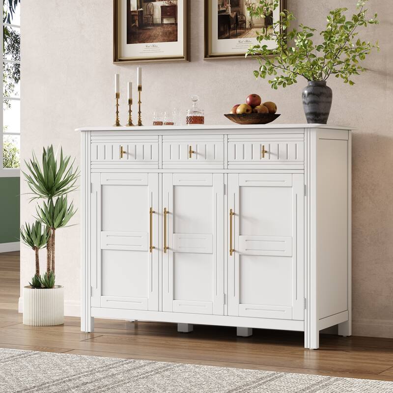 Roomfitters Large Sideboard Cabinet with 3 Doors and 3 Drawers, Acacia Wood, Antique White