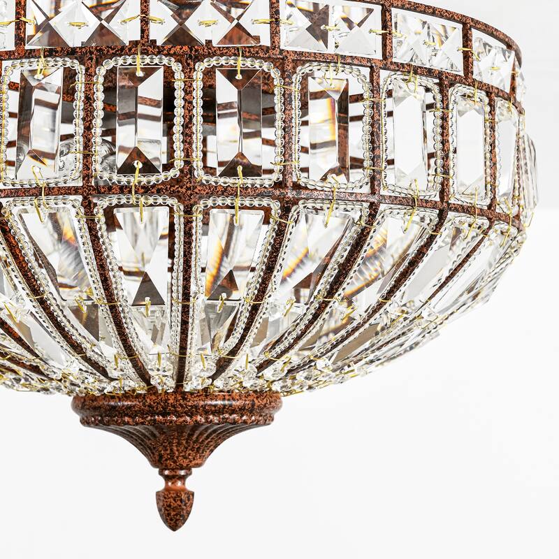 15.6" 3-Light Retro Rust-Colored Bowl Shaped Faceted Clear Crystal Semi-Flush Mount Ceiling Light for Bedroom, Kitchen