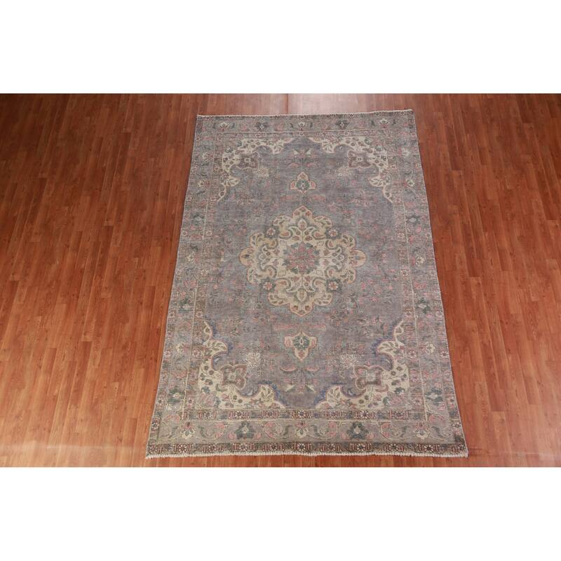 Gray Tabriz Persian Vintage Area Rug Handmade Wool Carpet - 6'8" x 9'7"