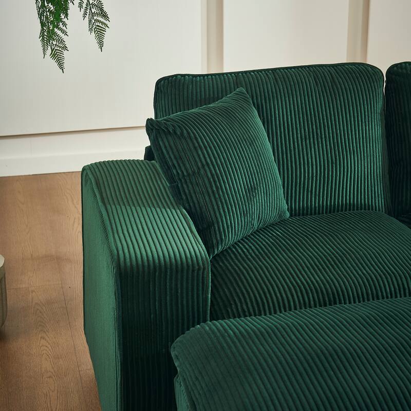 Modern U Shaped 6-seat Sectional Corduroy Sofa Couch with one Ottoman and three toss pillows ,Modular Sofa for Living Room