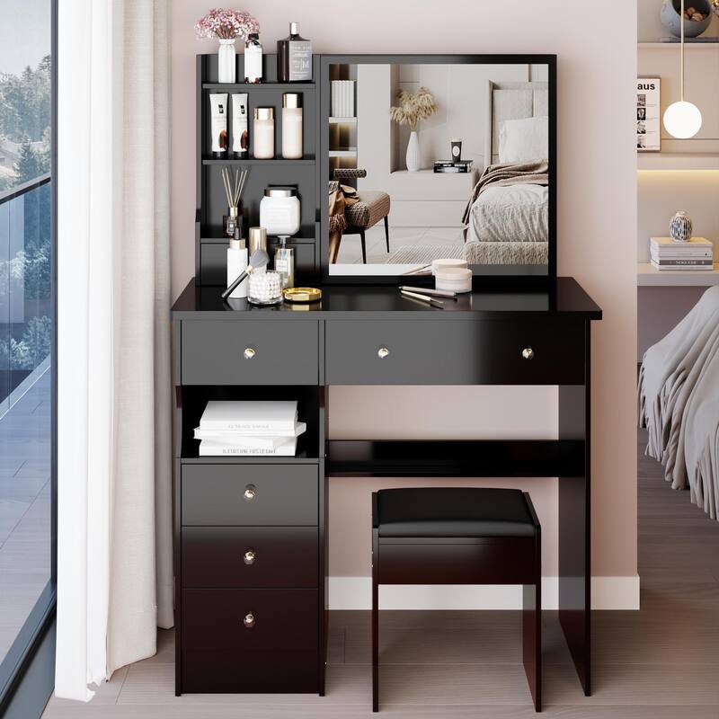 37" Middle Size Left Drawer Vanity Table + Cushioned Stool, Extra Large Right Sliding Mirror, Multi Layer High Capacity Storage