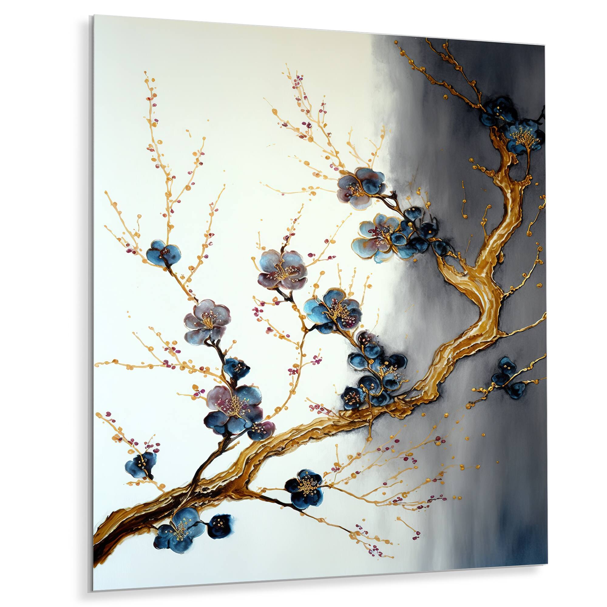 Designart 'Blue Cherry Blossom Branch VII' Tree Cherry Blossom Metal