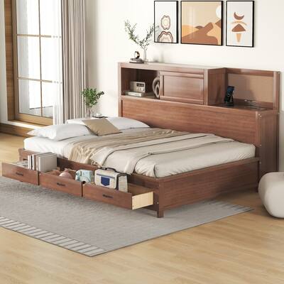 Brown Full Size Wooden Daybed with Three Storage Drawers, Soft Board, and USB Ports