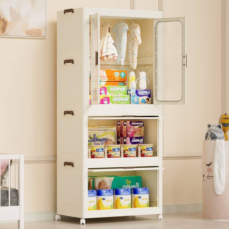 Portable Baby Wardrobe Closet with Magnetic Doors, Hanging Rod, 10 Hangers, White