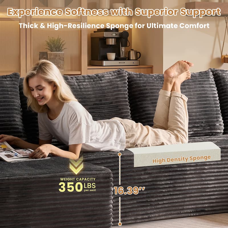 HOOOWOOO Modern Push Corduroy Fabric Sectional Sofa Couch with Pillows