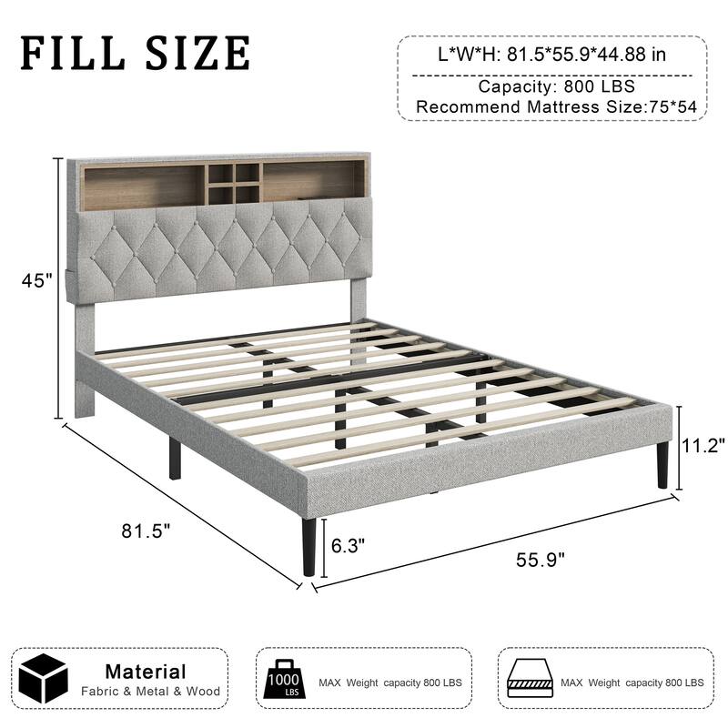 Queen Size Platform Bed Frame with Adjustable Storage Headboard, Built-In Charging Station, Sturdy No-Box Spring Design
