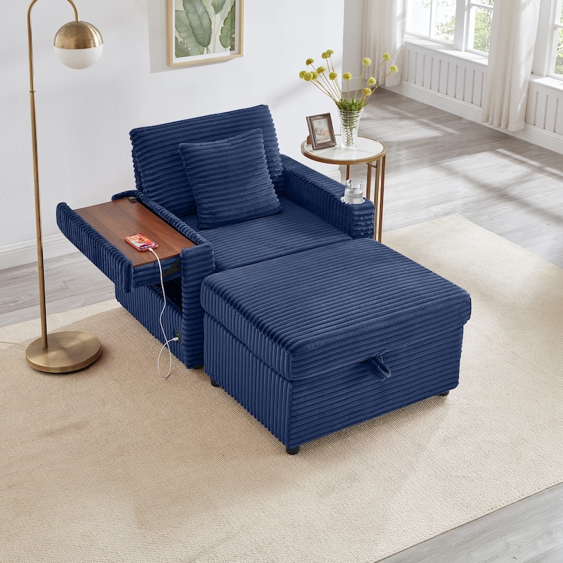 Fluffy Corduroy Lazy Sofa Chaise Lounge with Accent Chair, Storage Ottoman, Folding Table Board, Cup Holder and USB