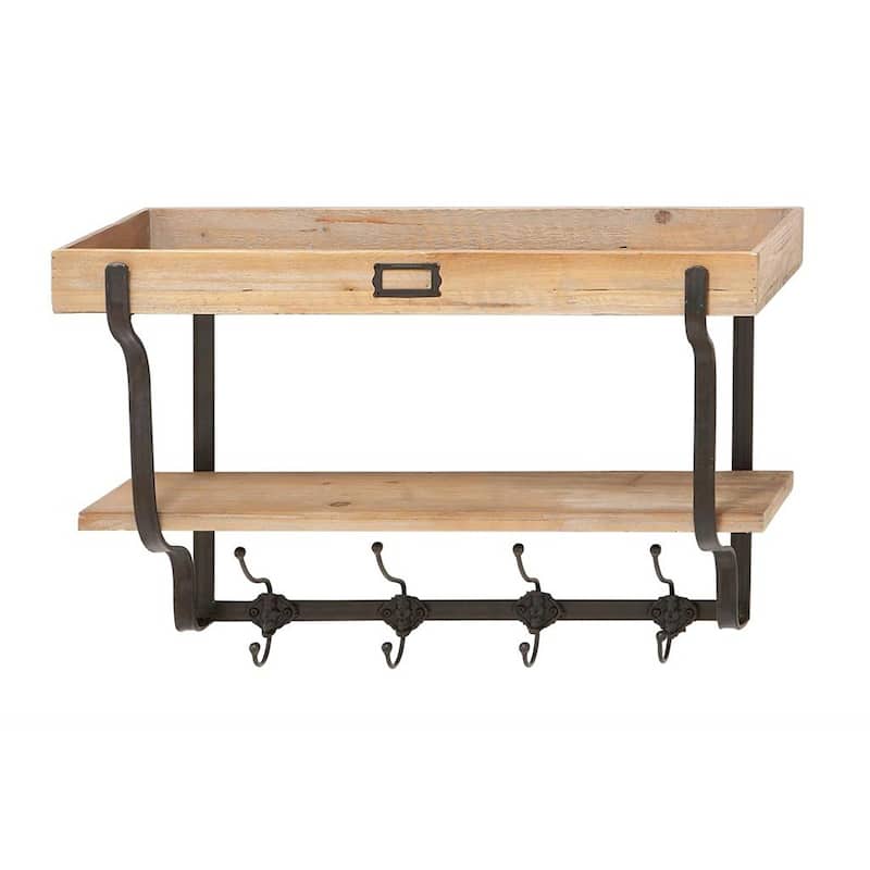 Vintage Appeal Light Brown Wood Farmhouse Wall Shelve with Hooks