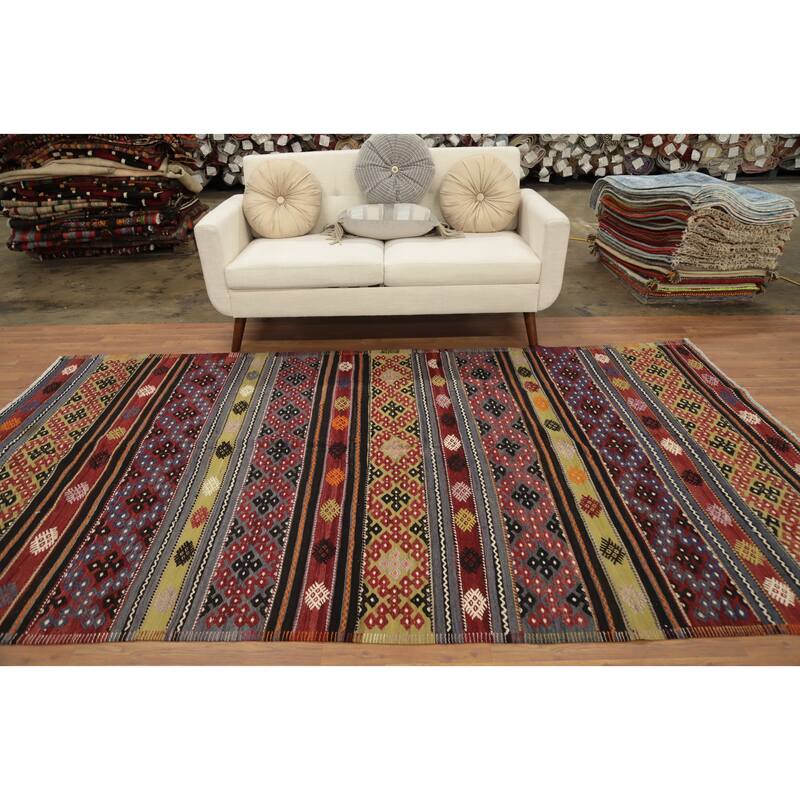 Hand Woven Oriental 100% Wool Carpet Southwestern Tribal Multi-Colored Kilim Area Rug - 10' 2'' X 5' 7''