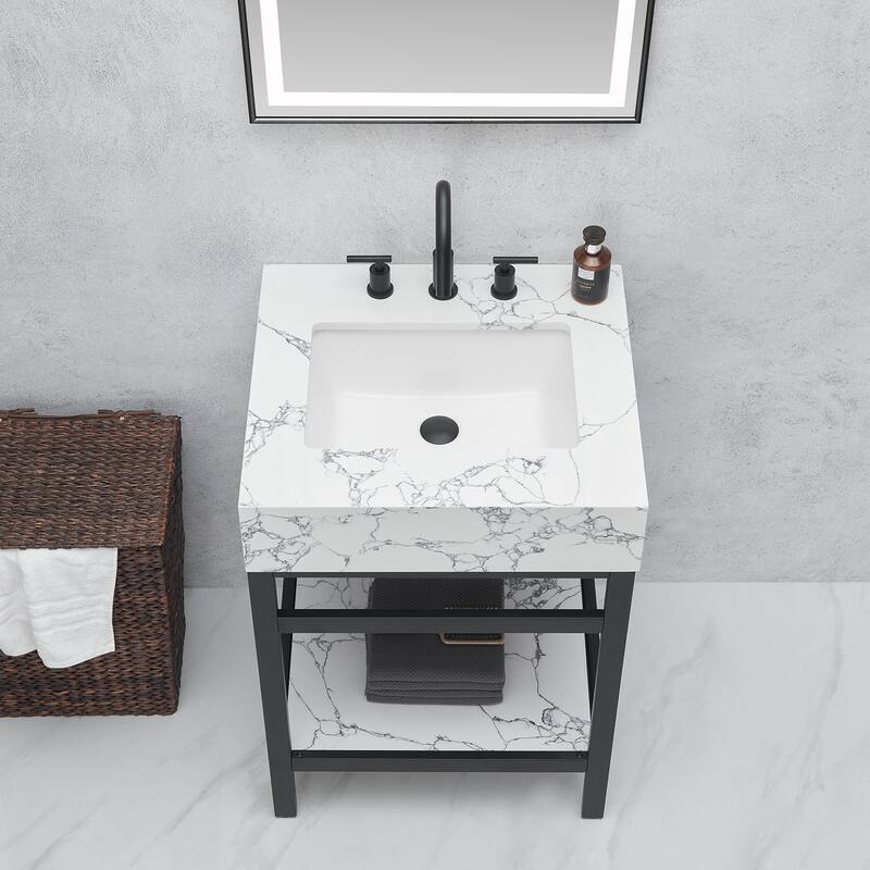 Ecija Bath Vanity, Metal Support with Composite Stone Top and Mirror