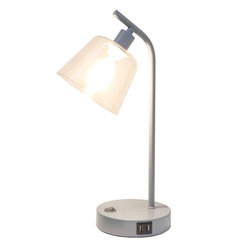 Modern Industrial Desk Lamp with Clear Glass Shade and Dual USB Charging Ports Multiple Colors - 8" (L) x 5.5" (W) x 15.75" (H)