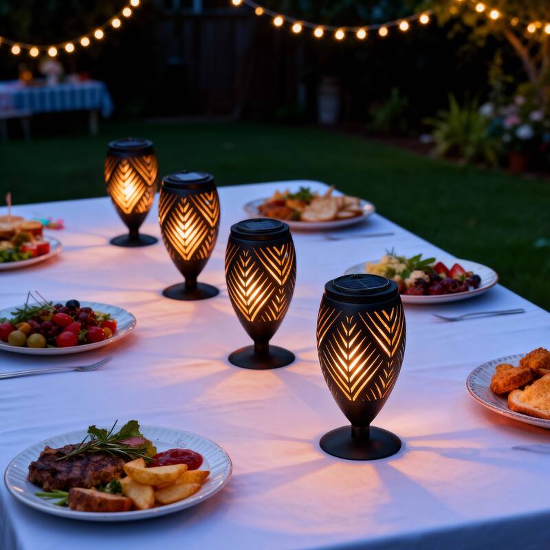 Glitzhome 8.75"H Set of 2 Black Metal Cutout Geometric Pattern Solar Powered Outdoor Lantern with LED Light