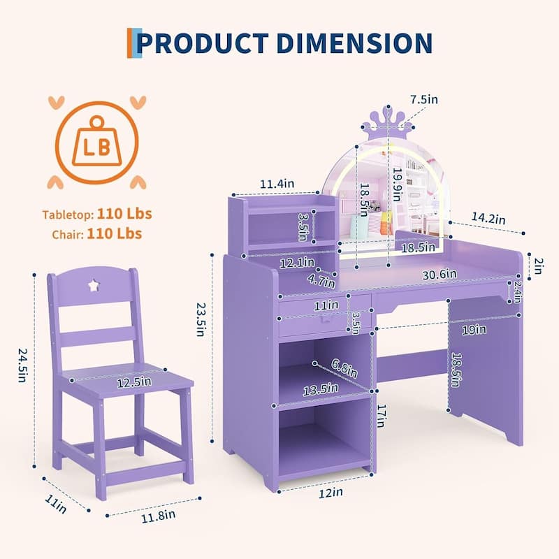 2-in-1 Princess Makeup Vanity Desk & Chair Set for Girls Best Gift